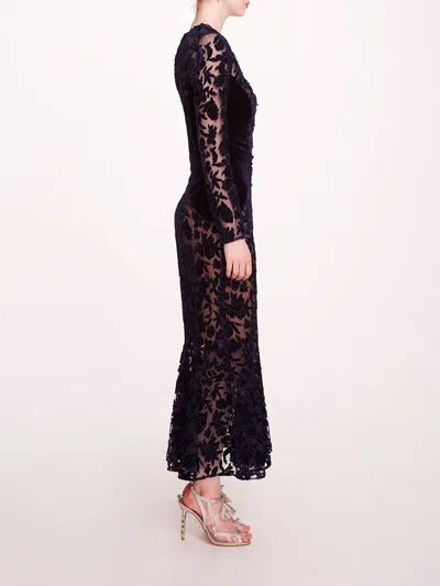 Marchesa Long Sleeve Velvet Midi Dress In Midnight