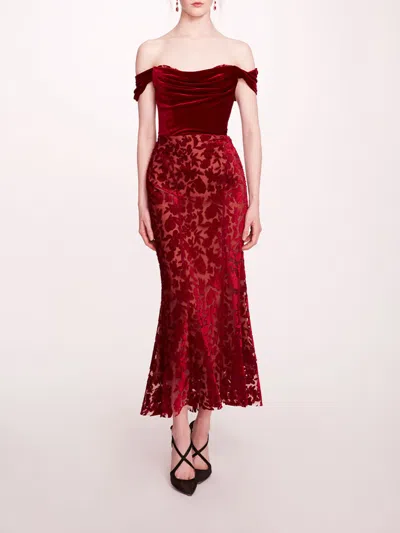 Marchesa Velvet Cutwork Midi Dress In Burgundy