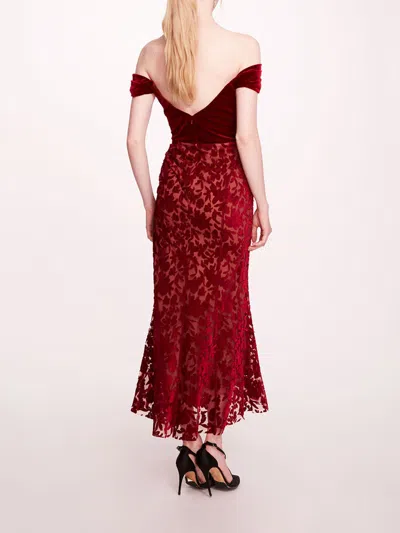 Marchesa Velvet Cutwork Midi Dress In Burgundy