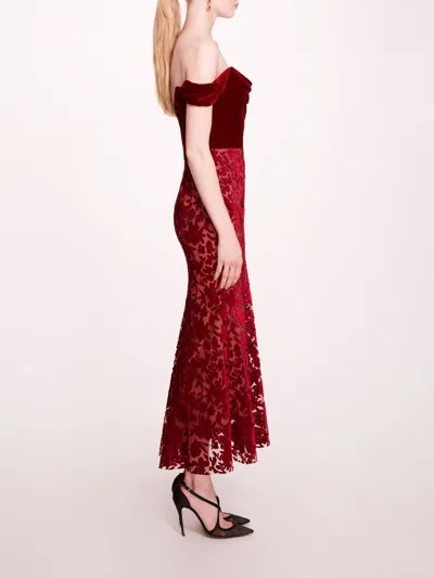Marchesa Velvet Cutwork Midi Dress In Burgundy