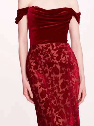 Marchesa Velvet Cutwork Midi Dress In Burgundy