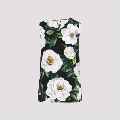 Dolce & Gabbana Gardenia Print Stretch Silk Charmeuse Sleeveless Top In Black