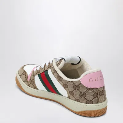 Gucci Screener Trainer In Gg Fabric And Pink Leather In White