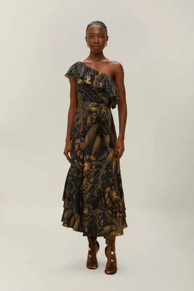 Farm Rio Active Black Golden Foliage One-shoulder Maxi Dress In Golden Foliage Black