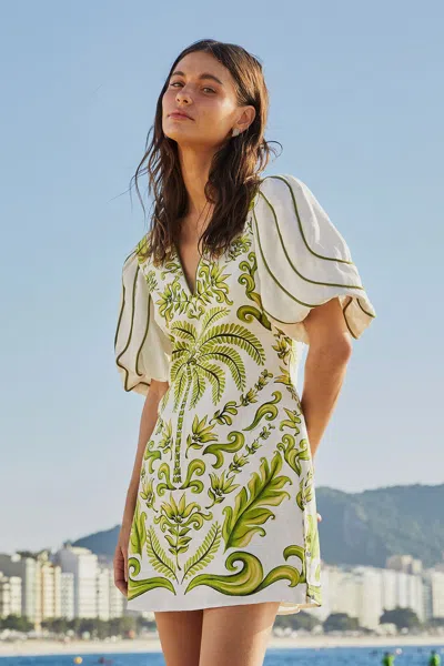 Farm Rio Off-white Milani V Neck Mini Dress In Milani Off-white