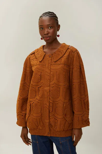 Farm Rio Active Brown Pinapple Eyelet Bomber Jacket In Brown