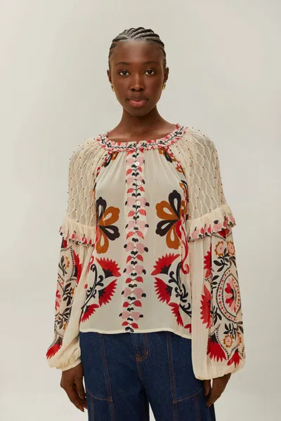 Farm Rio Active Cream Cashew Mandala Embroidered Blouse