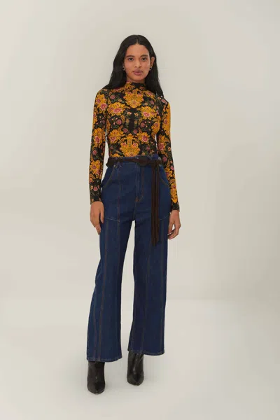 Farm Rio Active Black Arabesque Floral Jersey Blouse