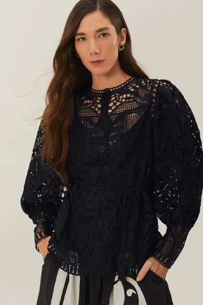 Farm Rio Active Black Guipire Puff Sleeve Blouse