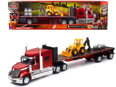 New Ray International Lonestar Truck With Flatbed Trailer Red Metallic With Front Loader And Rocks "long Hau