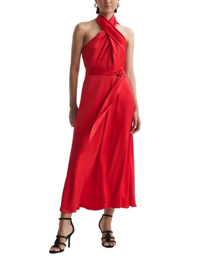 Reiss Red Satin Halter Neck Fitted Midi Dress In Red