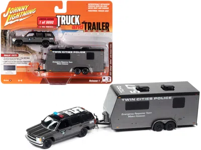 Johnny Lightning 1997 Chevrolet Tahoe "swat" Custom Gray Metallic And Black With "twin Cities Police" Camper Trailer