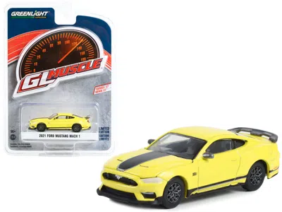 Greenlight 2021 Ford Mustang Mach 1 Grabber Yellow With Black Stripes " Muscle" Series 27 1/64 Diecas