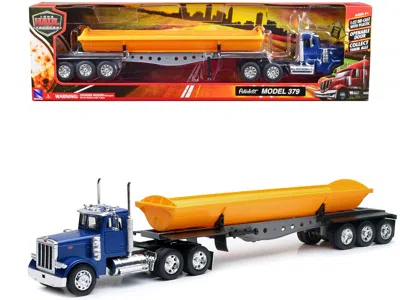 New Ray Peterbilt 379 Truck With Side Dump Blue And Yellow "long Haul Truckers" Series 1/32 Diecast Model By