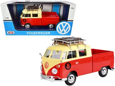 Motormax Volkswagen Type 2 (t1) #8 Pickup Truck With Roof Rack And Luggage Red And Yellow 1/24 Diecast Model