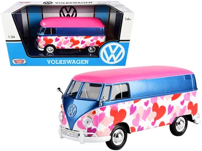 Motormax 1-24 Diecast Model Car For Volkswagen Type 2 T1 Van Love Pink Blue & Metallic