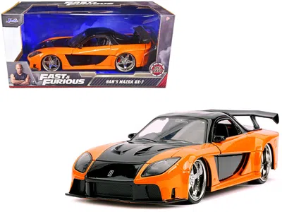 Jada Han's Mazda Rx-7 Rhd (right Hand Drive) Orange And Black "fast & Furious" Movie 1/24 Diecast Model C
