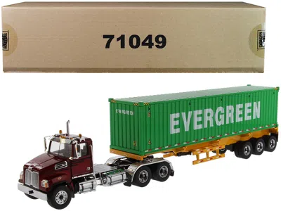 Diecast Masters Western Star 4700 Sb Tandem Truck Tractor Metallic Red With Skeleton Trailer And 40' Dry Goods Sea C