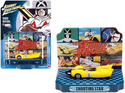 Johnny Lightning Racer X Shooting Star #9 Yellow With Collectible Tin Display "speed Racer" 1/64 Diecast Model Car By