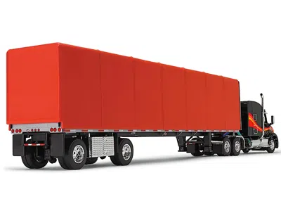 First Gear Peterbilt 579 With 72" Mid-roof Sleeper And 53' Utility Rolltarp Trailer Black And Red 1/64 Diecast