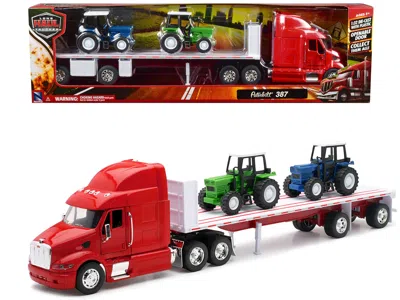 New Ray Peterbilt 387 Flatbed Truck Red With 2 Farm Tractors Blue And Green "long Haul Trucker" Series 1/32