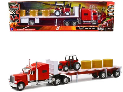 New Ray Peterbilt 389 Flatbed Truck Red With Farm Tractor Red And Hay Bales "long Haul Trucker" Series 1/32