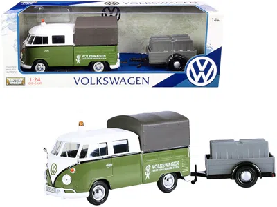 Motormax Volkswagen T1 Pickup With Canopy Green And White With Trailer "road Service" 1/24 Diecast Model Car