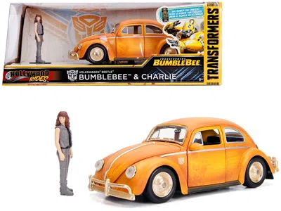 Jada Volkswagen Beetle Weathered Yellow With Robot On Chassis And Charlie Diecast Figurine "bumblebee" (2