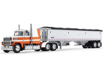 First Gear Ford Ltl 9000 60" Aerodyne Sleeper With Wilson Pacesetter Grain Trailer Orange And White 1/64 Diecas