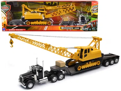 New Ray Kenworth W900 Truck With Lowboy Trailer Black And Crane Yellow "long Haul Trucker" Series 1/32 Dieca