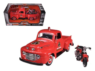 Maisto 1948 Ford F-1 Pickup Truck "harley Davidson" Fire Truck And 1936 El Knucklehead Motorcycle 1/24 Diec