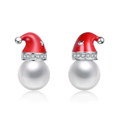 Rachel Glauber White Gold Plated With White Pearl & Clear Cubic Zirconia Santa Hat Stud Earrings In Red