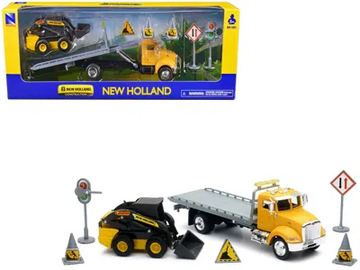 New Ray Peterbilt Roll-off Flatbed Truck Yellow And New Holland L228 Skid Steer Yellow With Road Signs "new