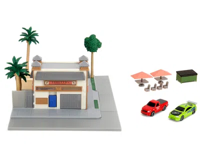 Jada Toretto Cafe Diorama With Mitsubishi Eclipse Green And Ford F-150 Svt Lightning Red "fast And Furiou