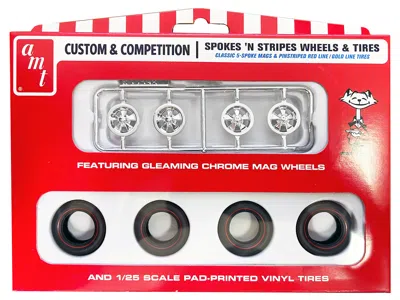 Amt Skill 2 Model Kit "spokes 'n Stripes" Wheels And Tires Set Of 4 Pieces 1/25 Scale Model By