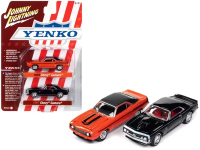 Johnny Lightning 1969 Chevrolet Camaro Hugger Orange With Black Top And Stripes And 1967 Chevrolet Camaro Black With 