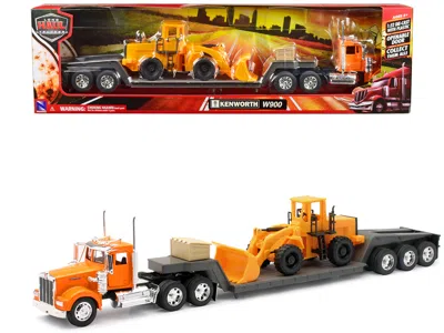 New Ray Kenworth W900 Truck With Lowboy Trailer Orange And Wheel Loader Yellow "long Haul Trucker" Series 1/