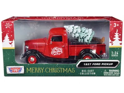 Motormax 1940 Ford Pickup Truck Merry Christmas With Tree Accessory 1-24 Scale Diecast Model Car Red