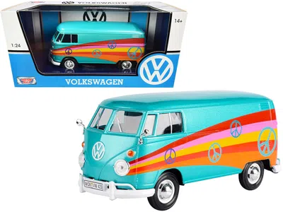 Motormax Volkswagen Type 2 (t1) Delivery Van "peace" Turquoise Metallic 1/24 Diecast Model Car By