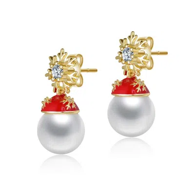 Rachel Glauber White Pearl & Clear Cubic Zirconia Snowflake And Santa Hat Drop Earrings In Red