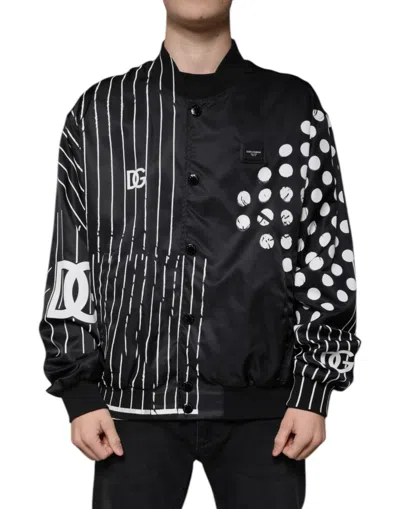 Dolce & Gabbana Black Polka Dot Stripe Nylon Bomber Jacket In Black And White