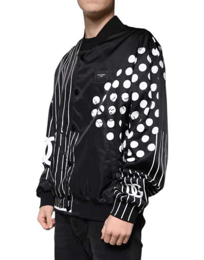 Dolce & Gabbana Black Polka Dot Stripe Nylon Bomber Jacket In Black And White