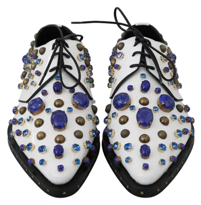 Dolce & Gabbana White Leather Crystals Dress Broque Shoes In White