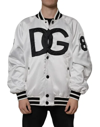Dolce & Gabbana White Dg Logo Polyester Jersey Bomber Jacket In Black And White