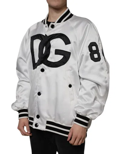 Dolce & Gabbana White Dg Logo Polyester Jersey Bomber Jacket In Black And White