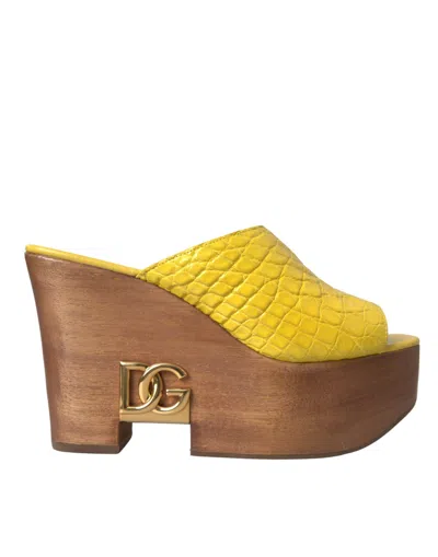Dolce & Gabbana Yellow Leather Wood Mule Wedge Slides Shoes In Yellow