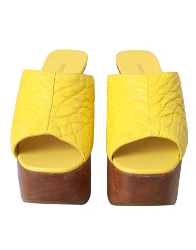 Dolce & Gabbana Yellow Leather Wood Mule Wedge Slides Shoes In Yellow