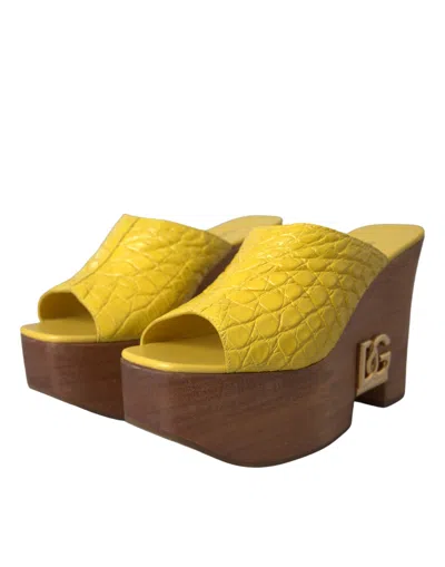 Dolce & Gabbana Yellow Leather Wood Mule Wedge Slides Shoes In Yellow