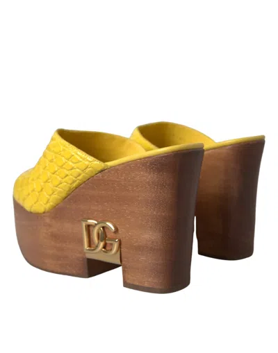 Dolce & Gabbana Yellow Leather Wood Mule Wedge Slides Shoes In Yellow