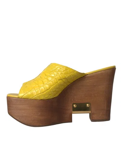 Dolce & Gabbana Yellow Leather Wood Mule Wedge Slides Shoes In Yellow